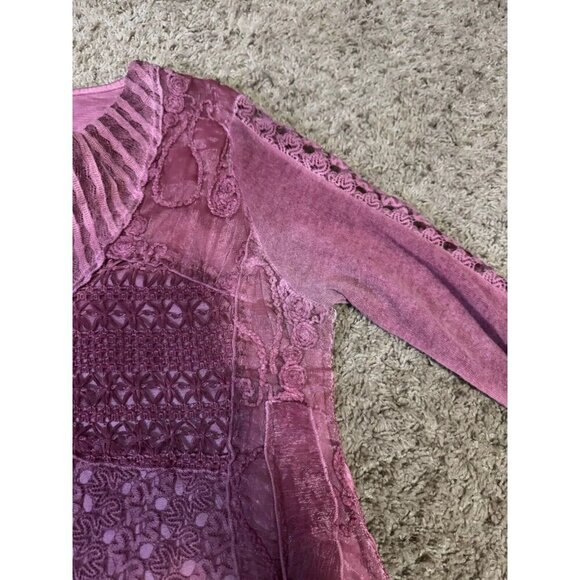 Womens Tunic Blouse Mauve Pink Floral Lace Cowl Asymmetric Fairy Lagenlook LARGE - Picture 10 of 13